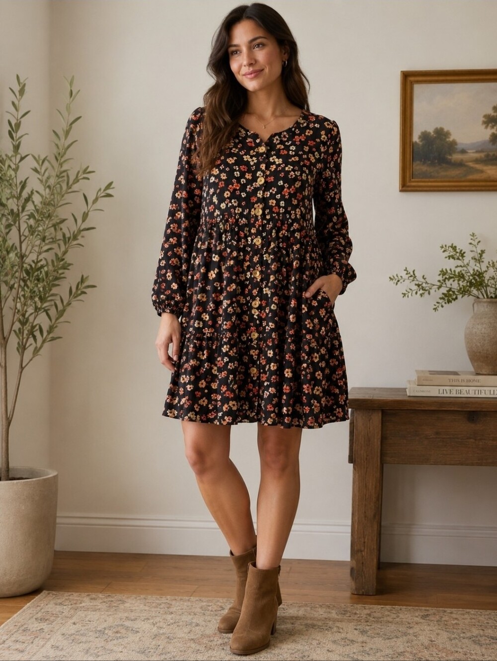 Hayden Los Angeles Women's Size Large Black Floral Print Mini Dress Boho Button